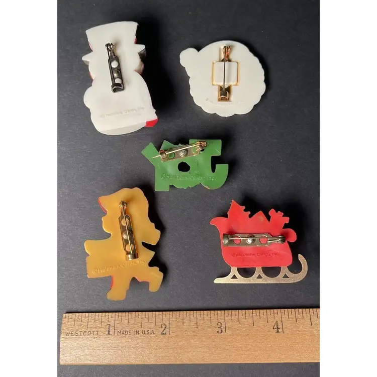 HALLMARK CHRISTMAS BROOCH Pin Santa Joy Snowman Sleigh Drum Holiday VTG LOT of 5 Jewelry