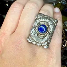 Vintage Rare Huge Sterling Silver Lapis Lazuli Nepalese Double Fish Ring Size 10, 21.1g