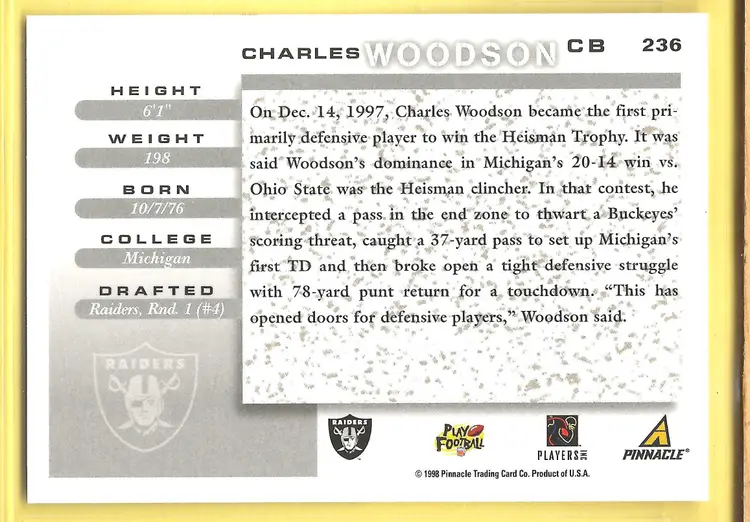 1998 Score #236 Charles Woodson RC Oakland Raiders Rookie