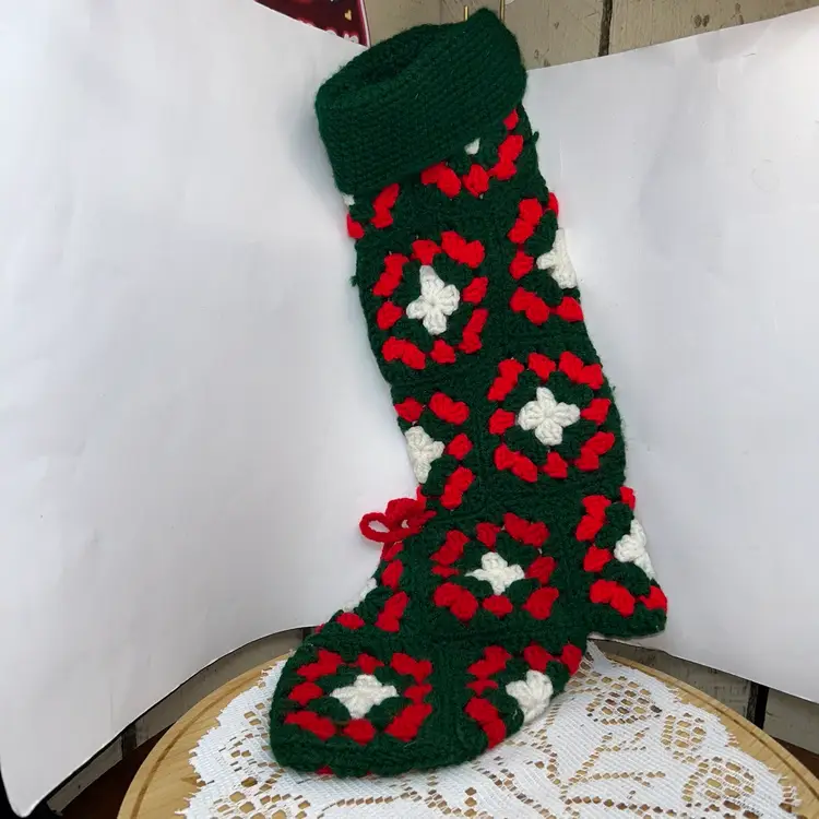 Vintage Handmade Granny Square Christmas Stocking