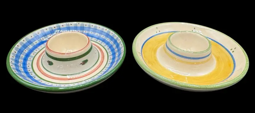 Set of 2 Signed Zimbabwe Vintage Art Pottery Egg Cup Holder Hand Painted 4.5β