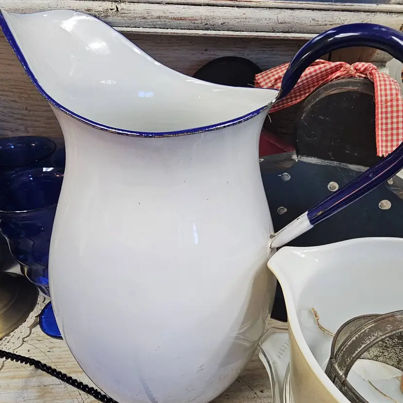 #21 Vintage Kockums Sweden Enamelware Pitcher Cobalt Blue Trim