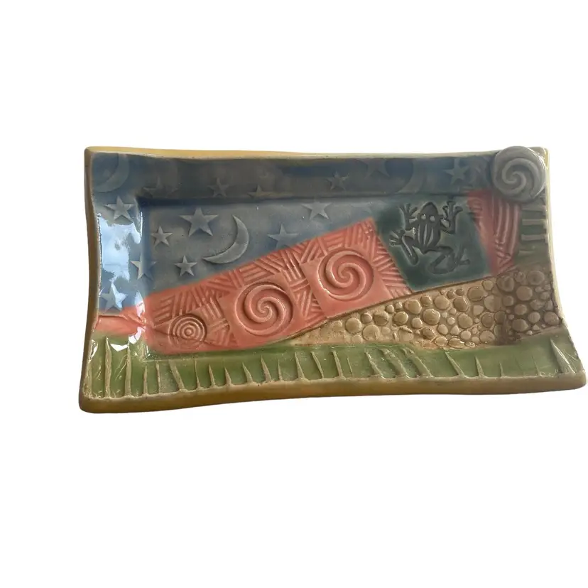 Clay Pottery Trinket Dish With Moon And Stars And Frog