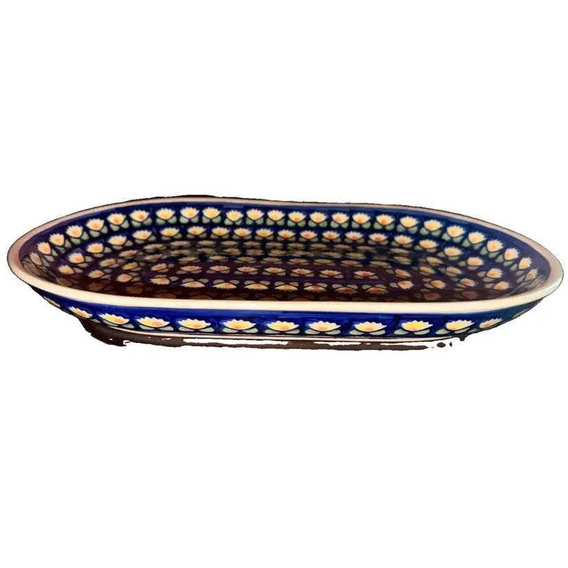 Manufaktura Polish Pottery Waterlilly Pattern Shallow Oval Serving Bowl
