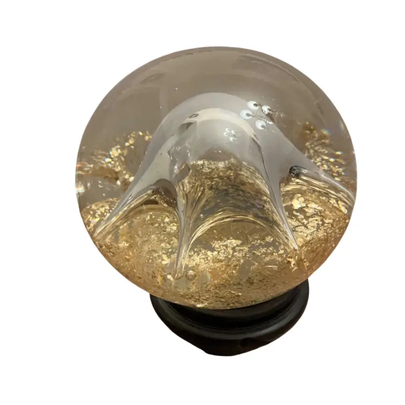 Vintage Italian Art Glass Paperweight w/ Floating Jellyfish Or Starfish Shaped Bubble Over A Bed Of Gold Aventurine 3.5”x 4.5”