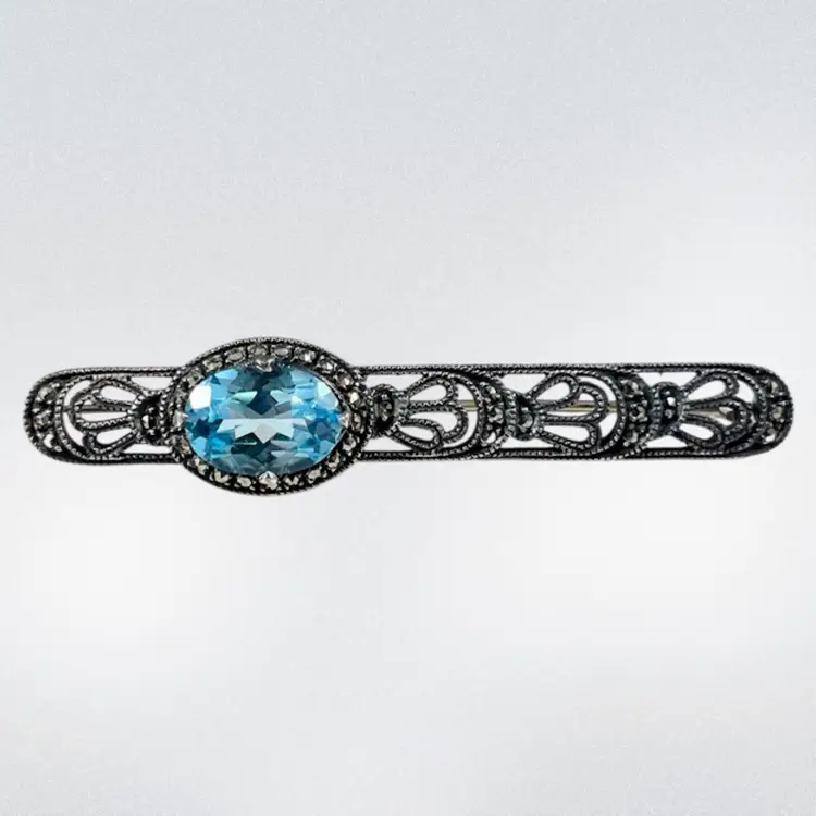 Judith Jack Sterling Silver Marcasite And Blue Stone Art Deco Style Brooch, 925 Judith Jack Bar Brooch, Fine Jewelry, Vintage Jewelry, Designer Jewelry, 925 Brooch