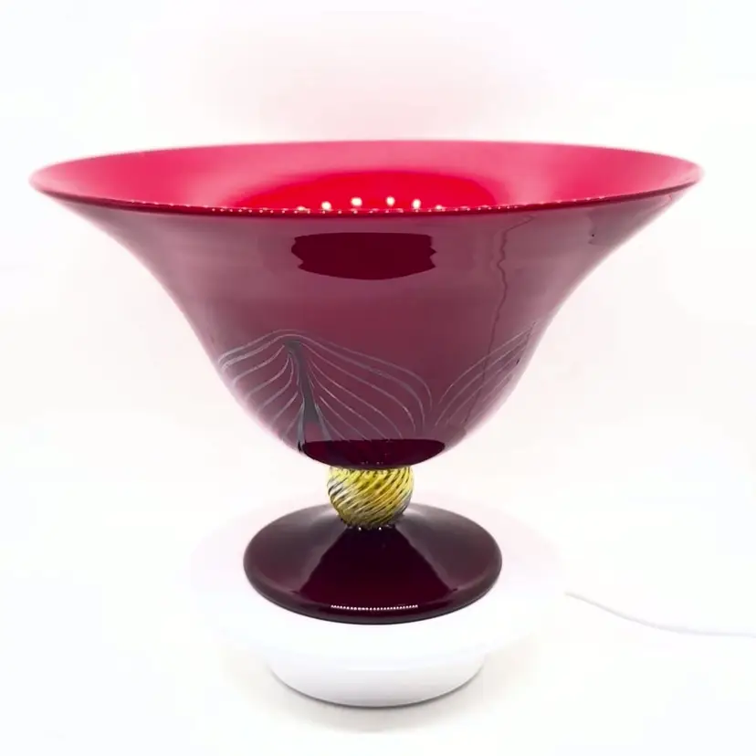 Rick Strini Signed Pulled Feather Red Yellow Hand Blown Art Glass Footed Bowl 9”