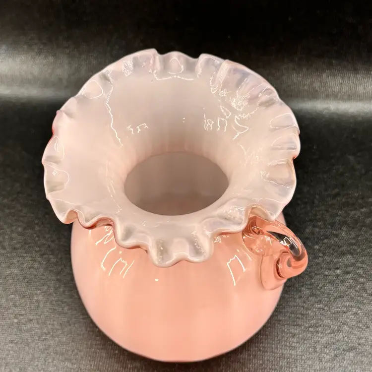 Vintage Fenton Pink Cased Glass Vase Crimped Edge Double Handle