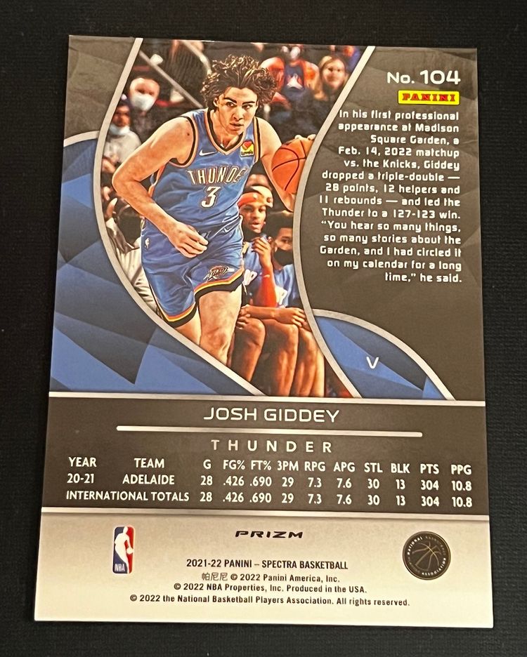 Josh Giddey 2021-22 Spectra Asia Variation Hyper Green Prizm #104 Rookie RC Oklahoma City Thunder