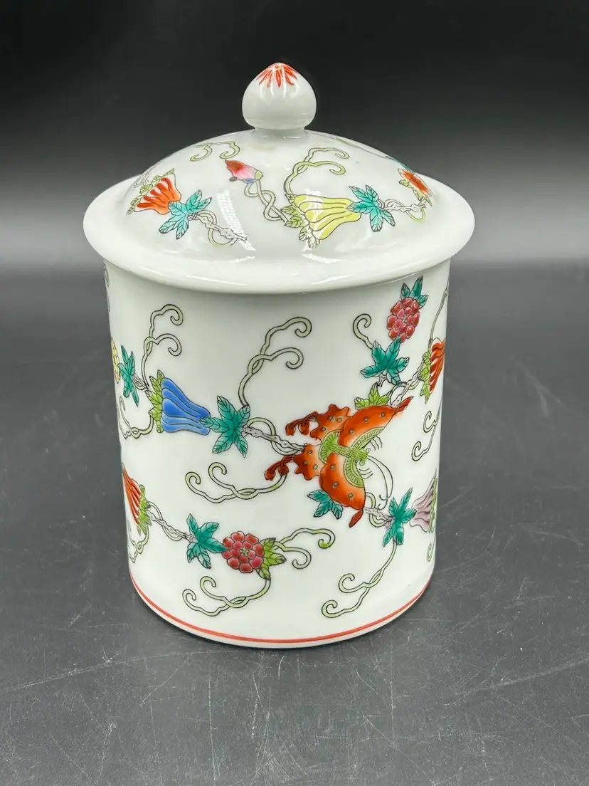 Vintage Chinese Porcelain Lidded Ginger Jar Container Hand Painted Flowers & Butterflies