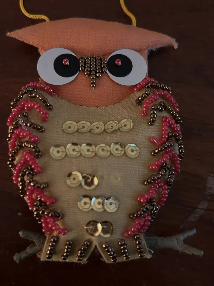 Vintage Beaded Felt Owl Ornament Sequins & Beads Handmade Retro Woodland Decor