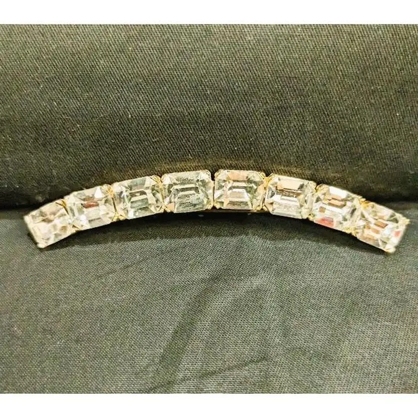 Vintage Rhinestone Curved Bar Brooch with Large Emerald Cut Stones in Gold Tone Metal