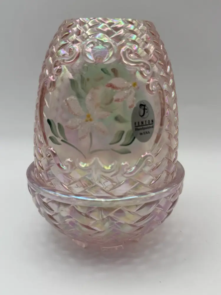 Fenton Pink Iridescent Basket weave Fairy Lamp ~ Signed