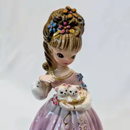 Josef Originals 8" Girl With Basket of Kittens Porcelain Doll Figurine Japan Rare