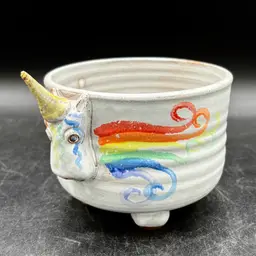 Mudworks Studio Art Pottery Elwood the Gay Pride Unicorn Footed Bowl Cup 20 fl oz Rainbow LGBTQIA+ Pride Signed Effort, PA USA