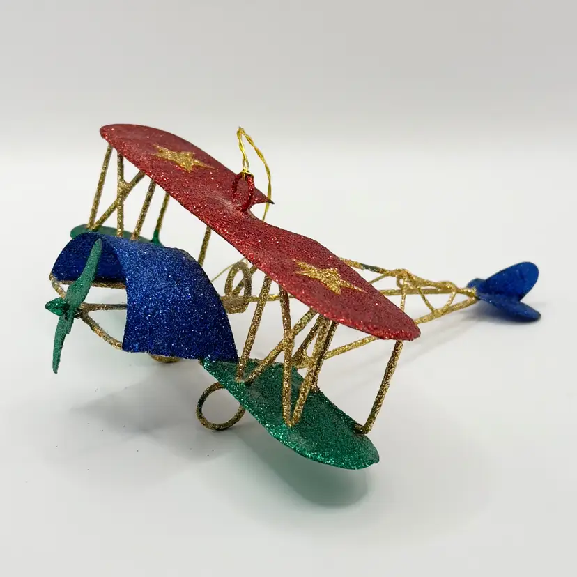 Vintage 1980’s Christmas Glittery Biplane Ornament, Festive Retro Aviation Metal Decor, By Pier 1, Made In China