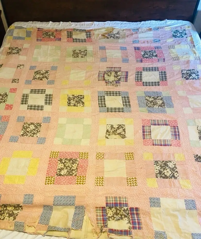 Antique Cotton Pieced Quilt with Blocks Cutter Quilt Coverlet Primitive Vintage Cottage Country