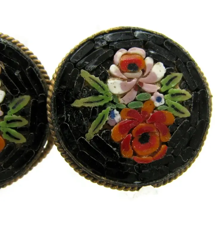 Vintage ITALIAN MOSAIC Red Floral Earrings Brass Frame Sign Screw On