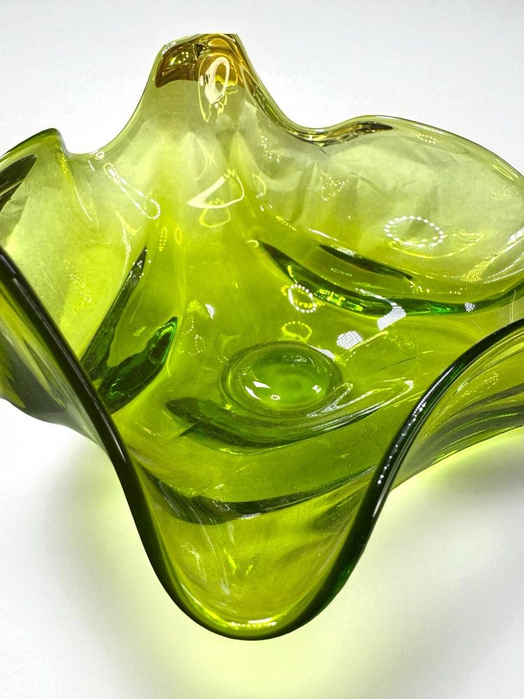 Vintage Viking Lime Green Glass Epic Drape Ruffled Compote Bowl - MCM