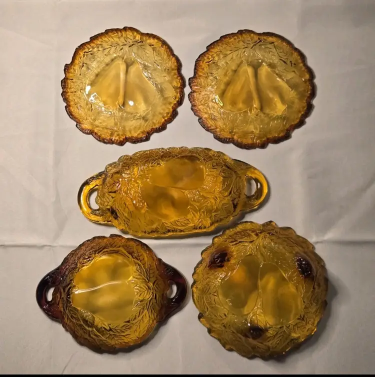 5 Pieces of Vintage Indiana Tiara Glass Burnt Honey Amber Pear includes Relish Dish and Footed Nut Bowl etc.