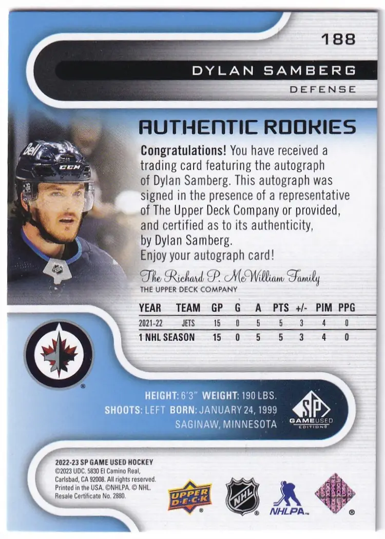 2022-23 SP Game Used Autographs Blue #188 Dylan Samberg Winnipeg Jets Hockey Card