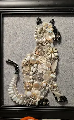 Handmade Vintage Jewelry Cat Art • Framed Cat Silhouette • Pearl & Rhinestone Wall Décor