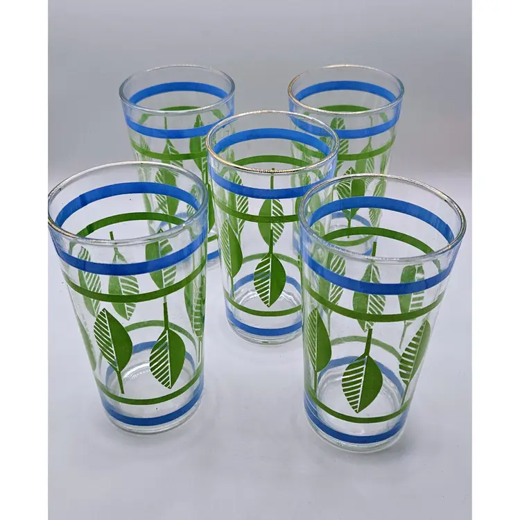 #01 - 1960's Green Leaf, Blue Stripe and Gold Rim Set of Five Glasses, approximately 5" tall