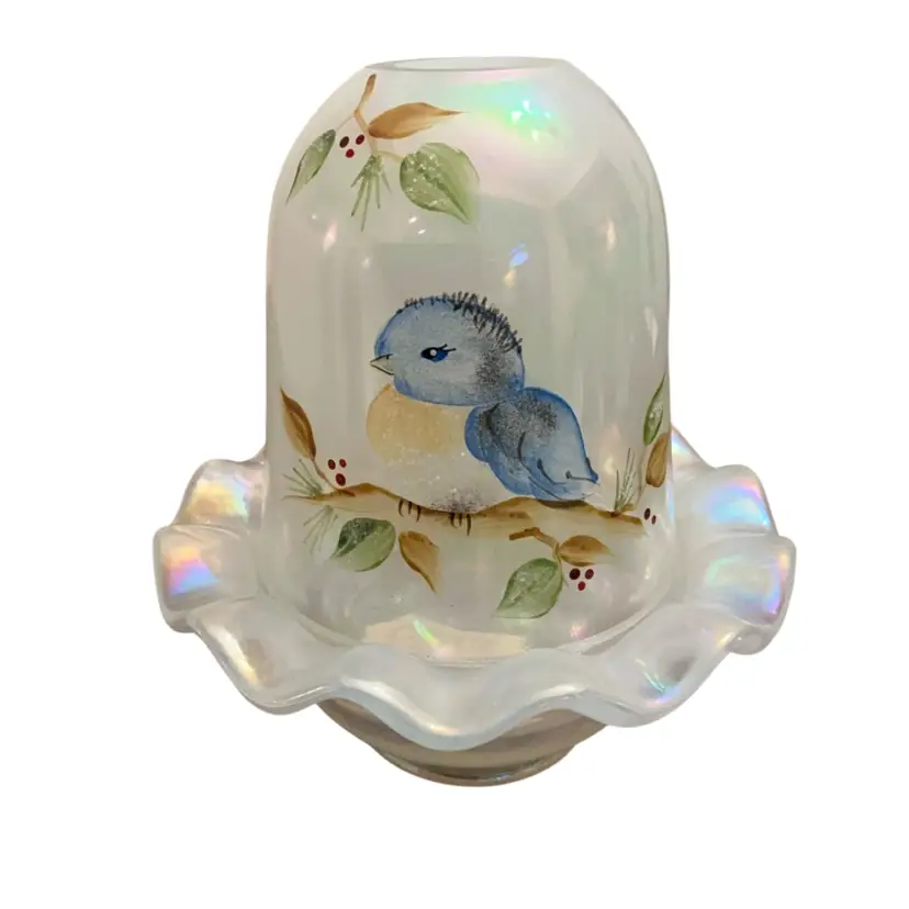 2-piece Fenton Blue-Green Iridescent With Ruffled Base Fairy Light HP Blue Bird And Berries By Donna Robinson 5.75” X 5” GLOWS