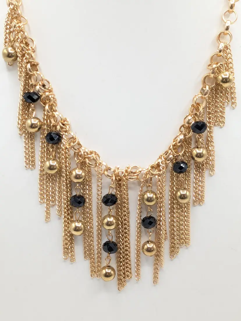Gold Tone Chain Necklace with Black Beads and Fringe