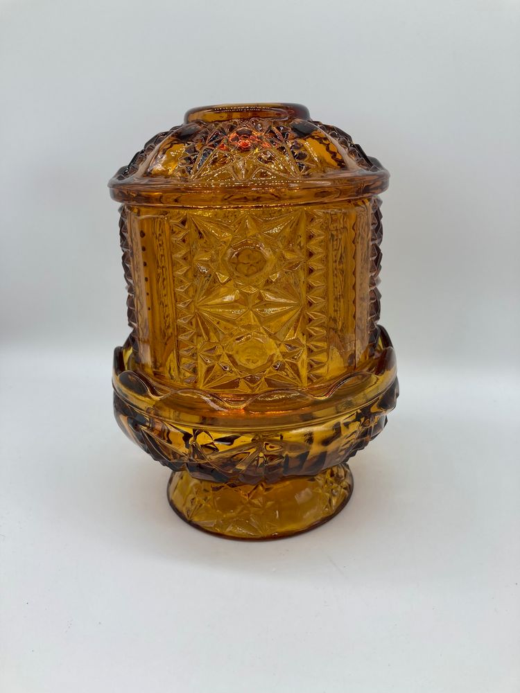 Vintage INDIANA GLASS Fairy Lamp Amber Stars and Bars Candle Holder 6-1/2"X5"