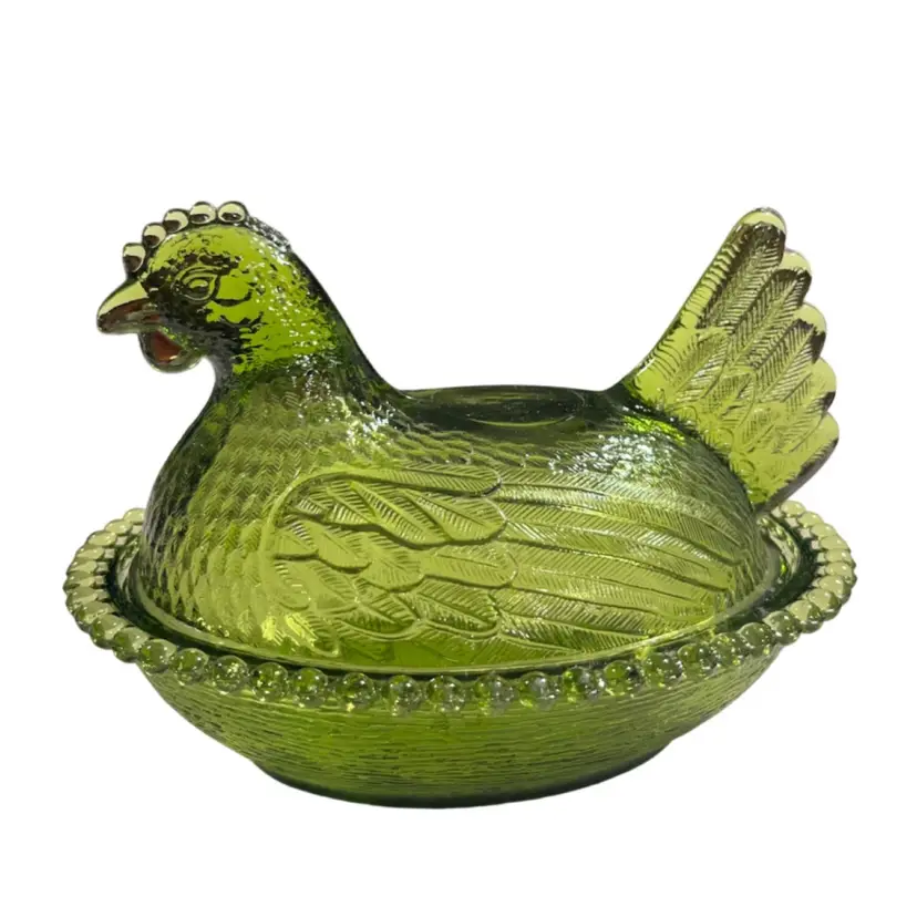 Vintage Indiana Glass Olive Green Hen on Nest with Beaded Edge | 7" *(Read)