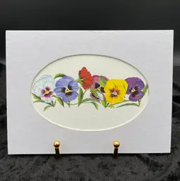 Vtg. William Crowder (Mt. Wolf, PA) Watercolor Print “Pansies", Mounted 8" x 6"