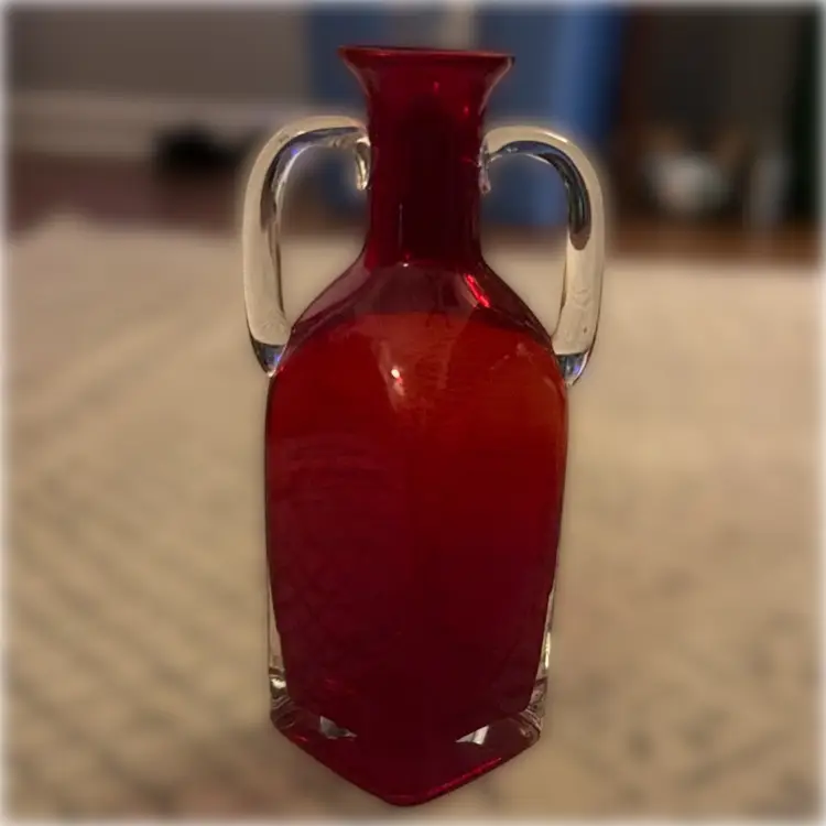 Ruby Red and Clear Double-Handled Vase / Decanter - 9.5” tall