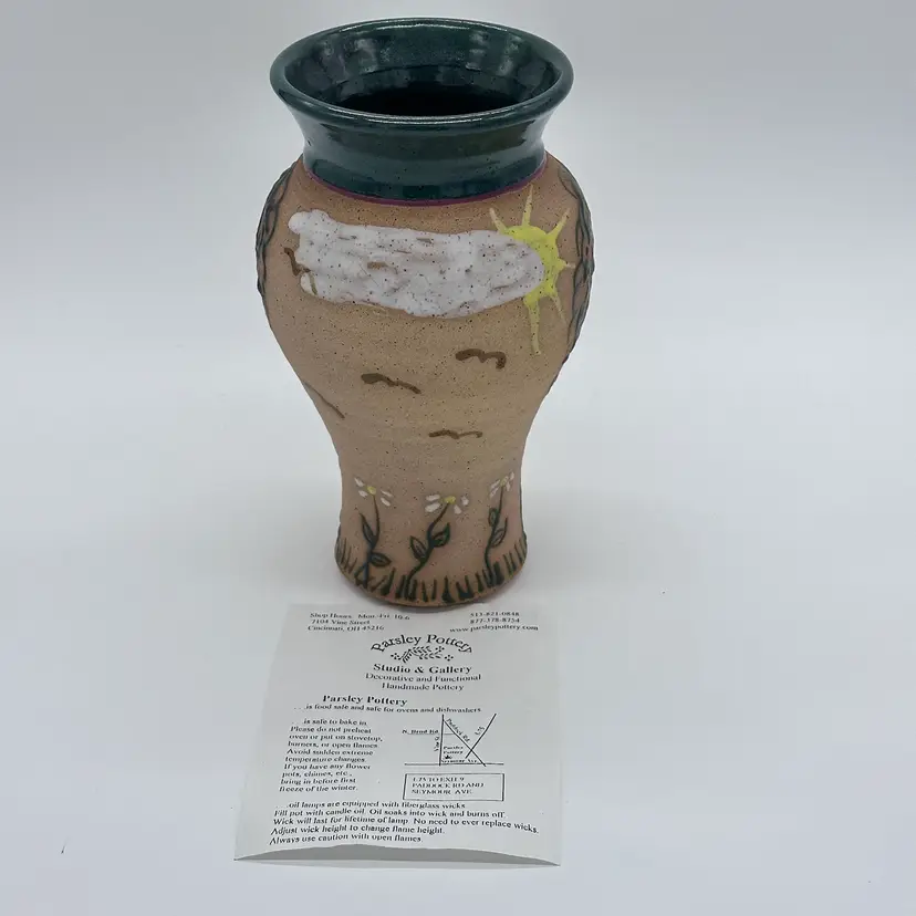 Parsley Pottery Ohio Art Studio Pottery Ceramic Folk Art Vase Tree Sun Clouds