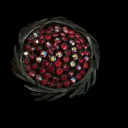 Vintage Karu Arke Red Aurora Borealis GL Rhinestone Round Wreath Brooch. In A Black Finish Metal ~ Known As Black Japanned Setting. 1950s Art Deco.