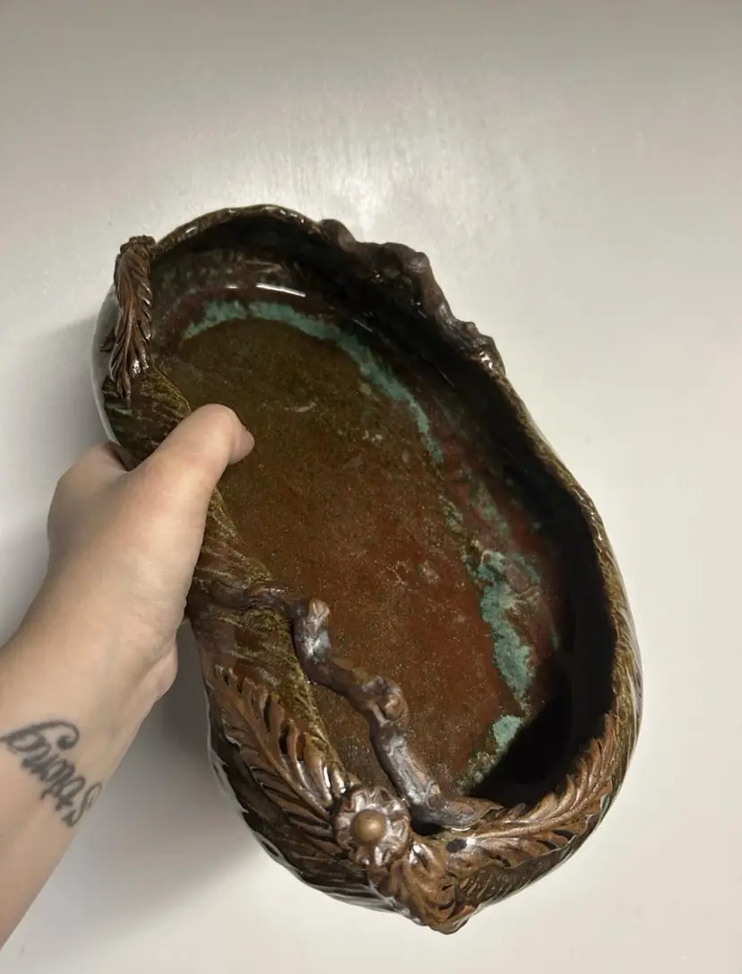 Handmade Pottery Centerpiece Bowl With Branch Handles And Flower Detail