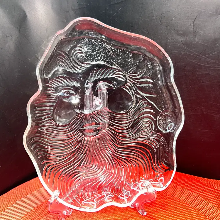 VTG Embossed Clear Glass Santa Claus Tray Dish Christmas Cookie Candy Plate