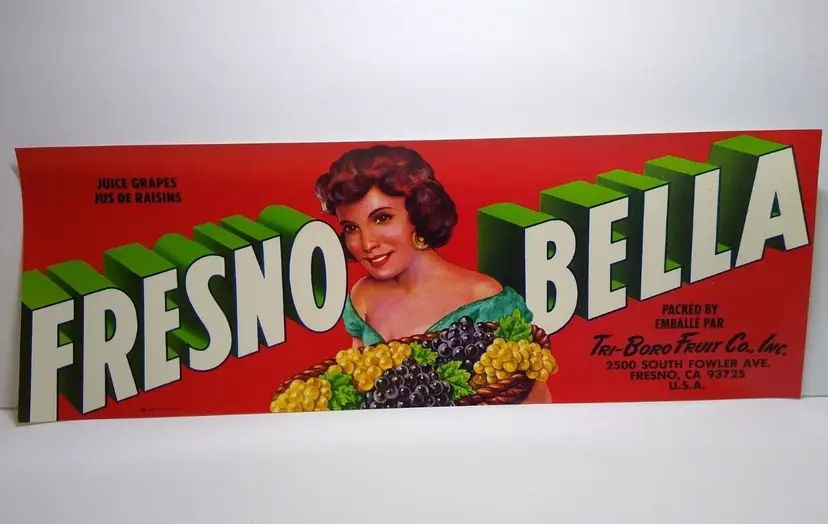 Fresno Bella Crate Label Lady With Basket Of Juice Grapes 1960s Vintage Original