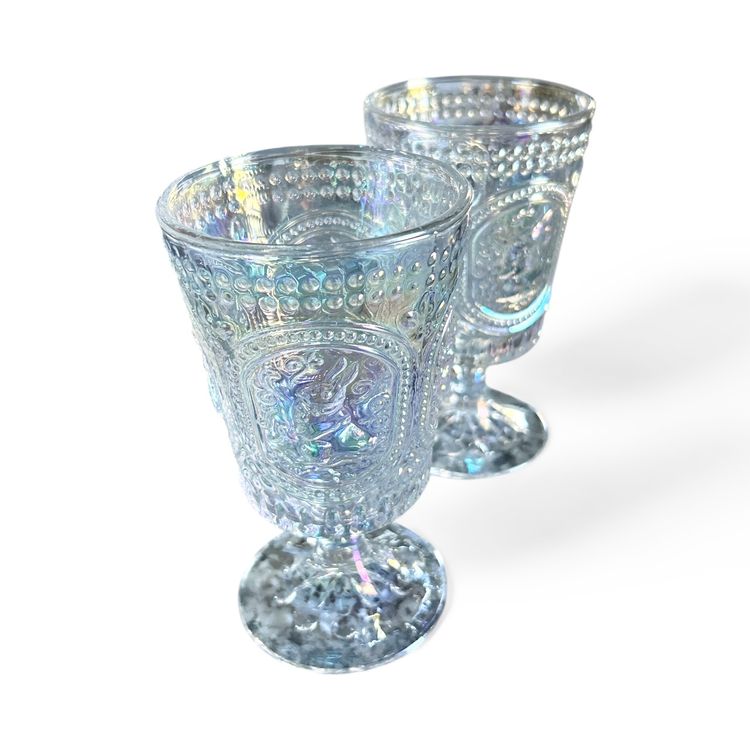 2 Iridescent Hobnail Glass Goblets with Bunny Design