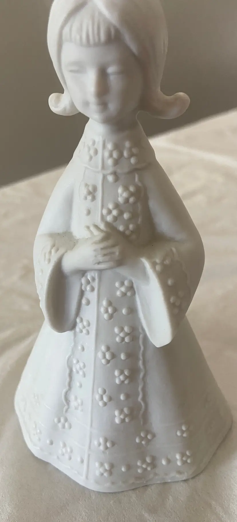 Vintage AES Japan White Bisque Porcelain Choir Girl Bell, 5" Tall