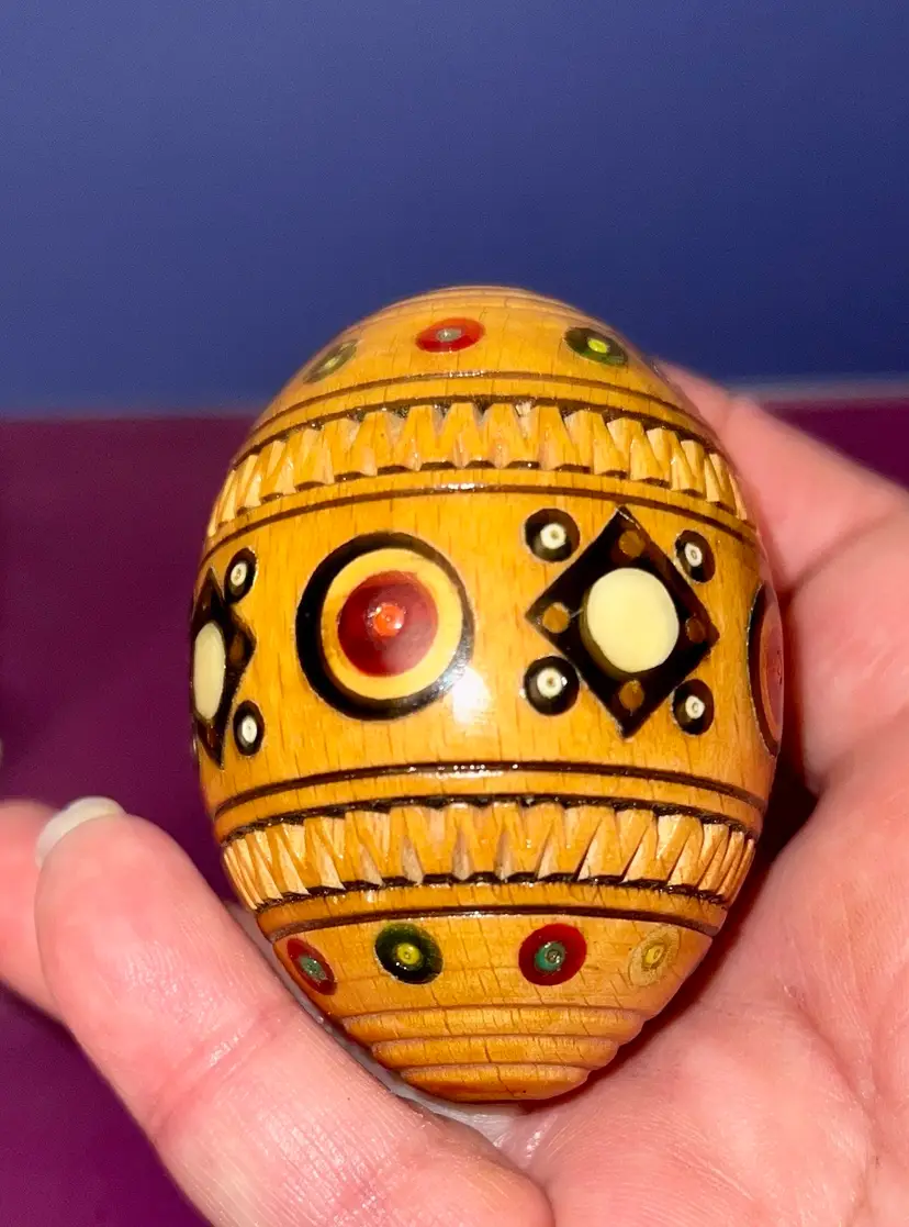 Eastern European Hand Carved Inlaid Wooden Egg Folk Art