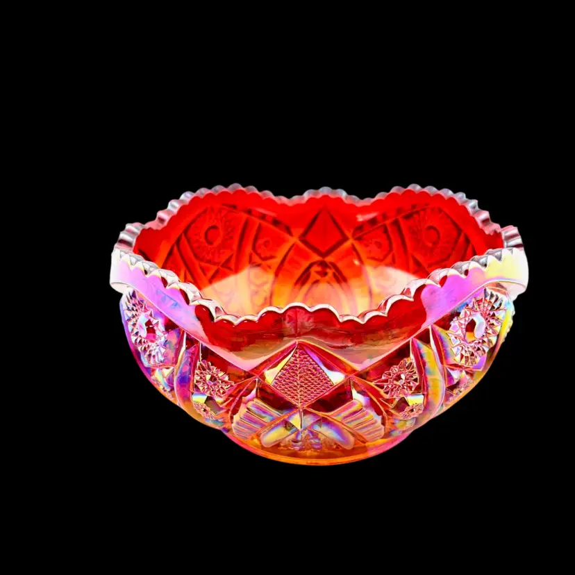 Vintage Indiana Glass Heirloom Series Cranberry Iridescent/Glower Bowl - 4.5" Tall x 8.5" Wide