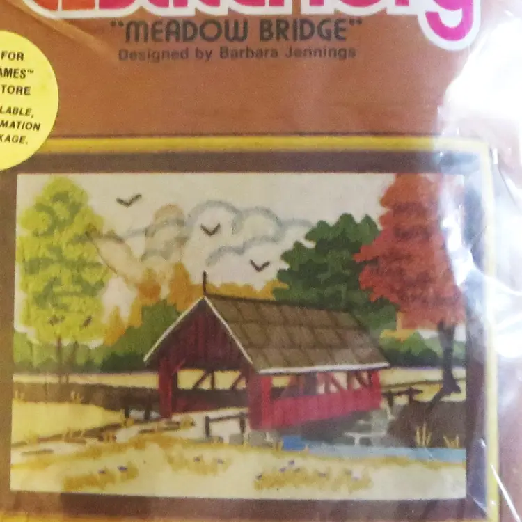 Vintage 1980 Stitch Kit Covered Bridge in Meadow 7 1/2 x 9 1/2