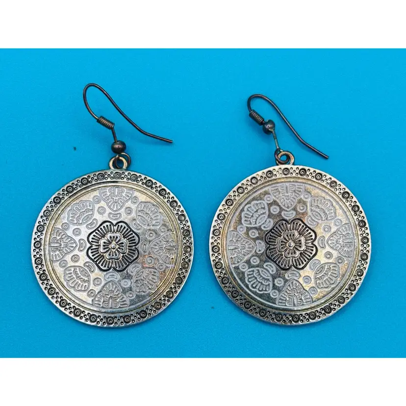 Large Round Embossed Floral Boho Dangle Earrings – Antique Silver-Tone
