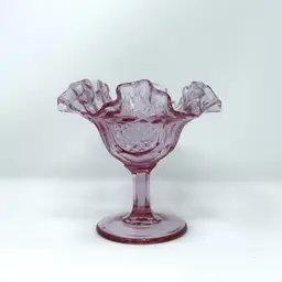 Fenton Pink Pressed Glass Ruffled Compote Bowl, Vintage Footed Dish  (0026-26)