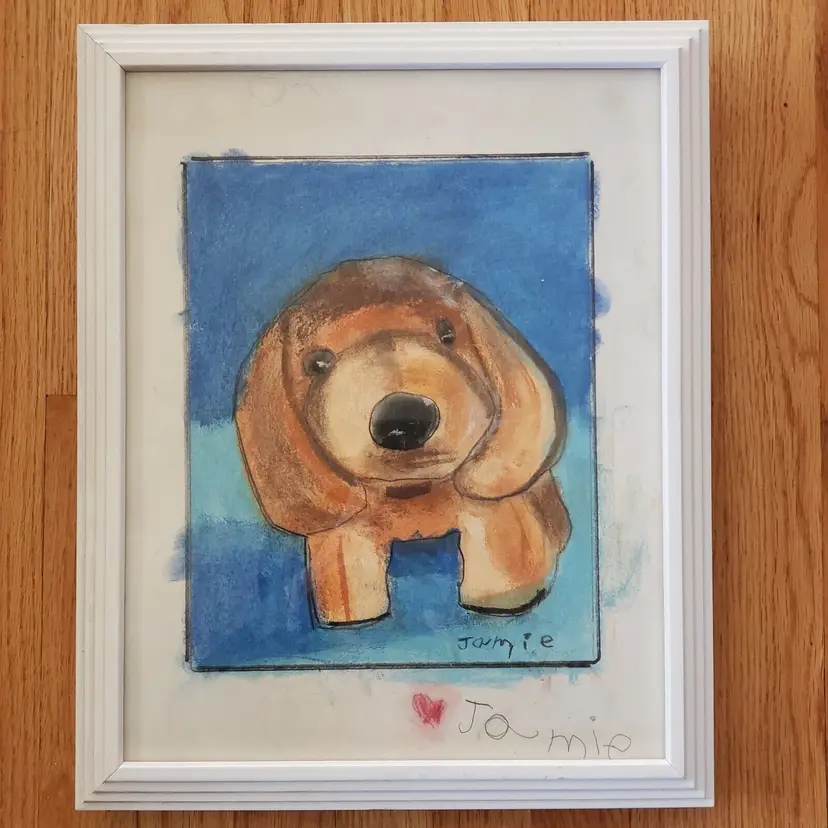 Dog Art On Paper Original Framed and Signed - Young Artist Interpretation