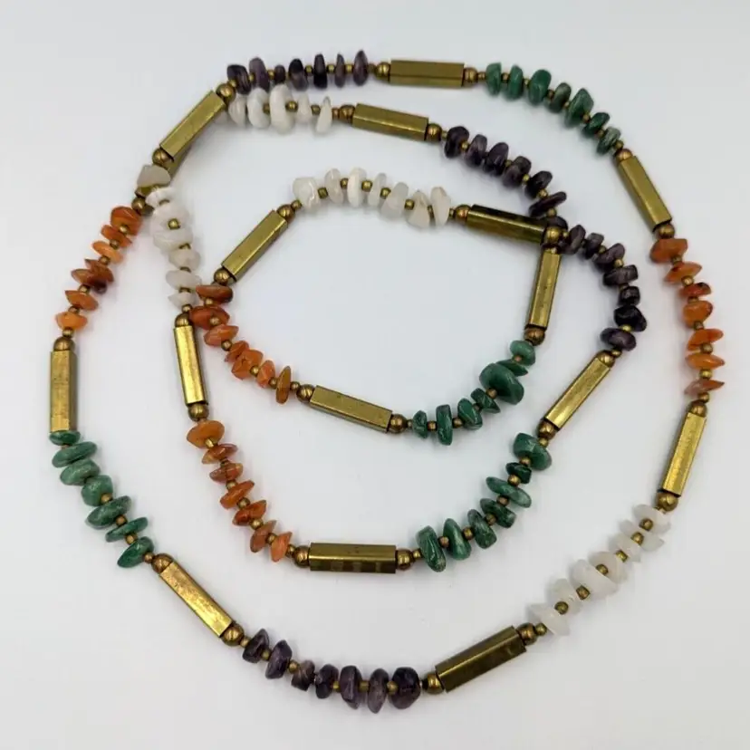 Multi Gemstone Necklace Polished Nuggets Amethyst Agate Quartz  Nephrite