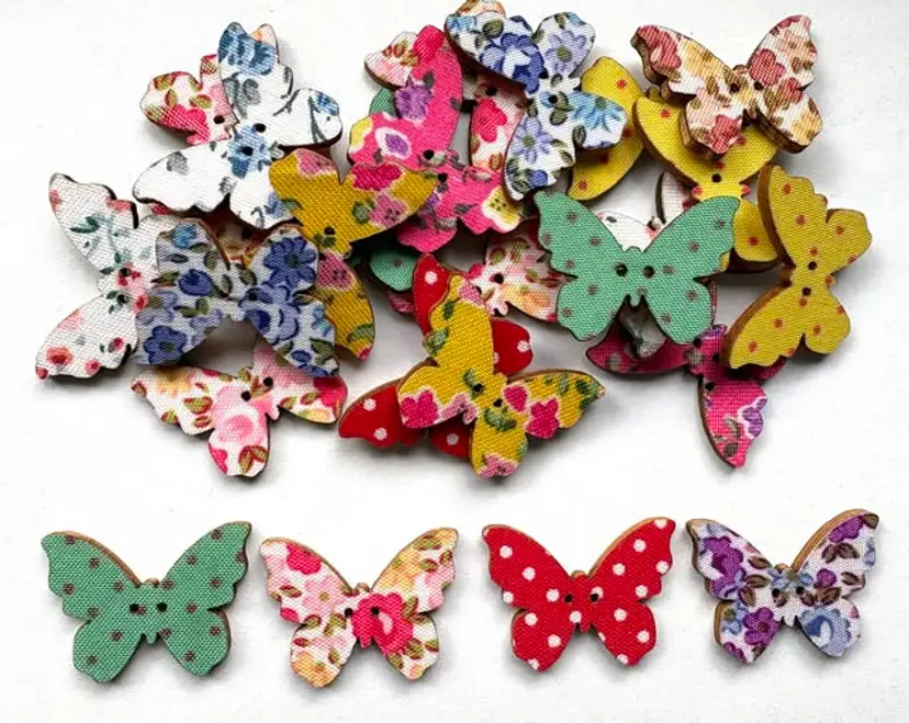 25 Wooden Butterfly Printed Button Lot