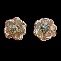 Silvertone Blue Center Stone And Beveled Inset Clear Stones Cluster Pierced Earrings .5”