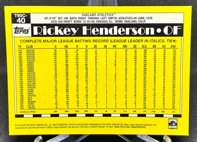 2025 Topps Series 1 Rickey Henderson 1990 Sliver Pack Mojo T90C-40 Oakland Athletics